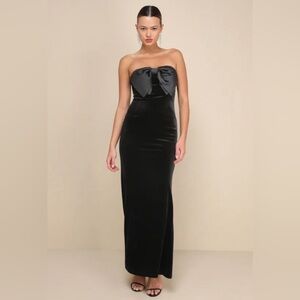 Lulus Dramatic Stunner Black Velvet Bow Strapless Maxi Dress